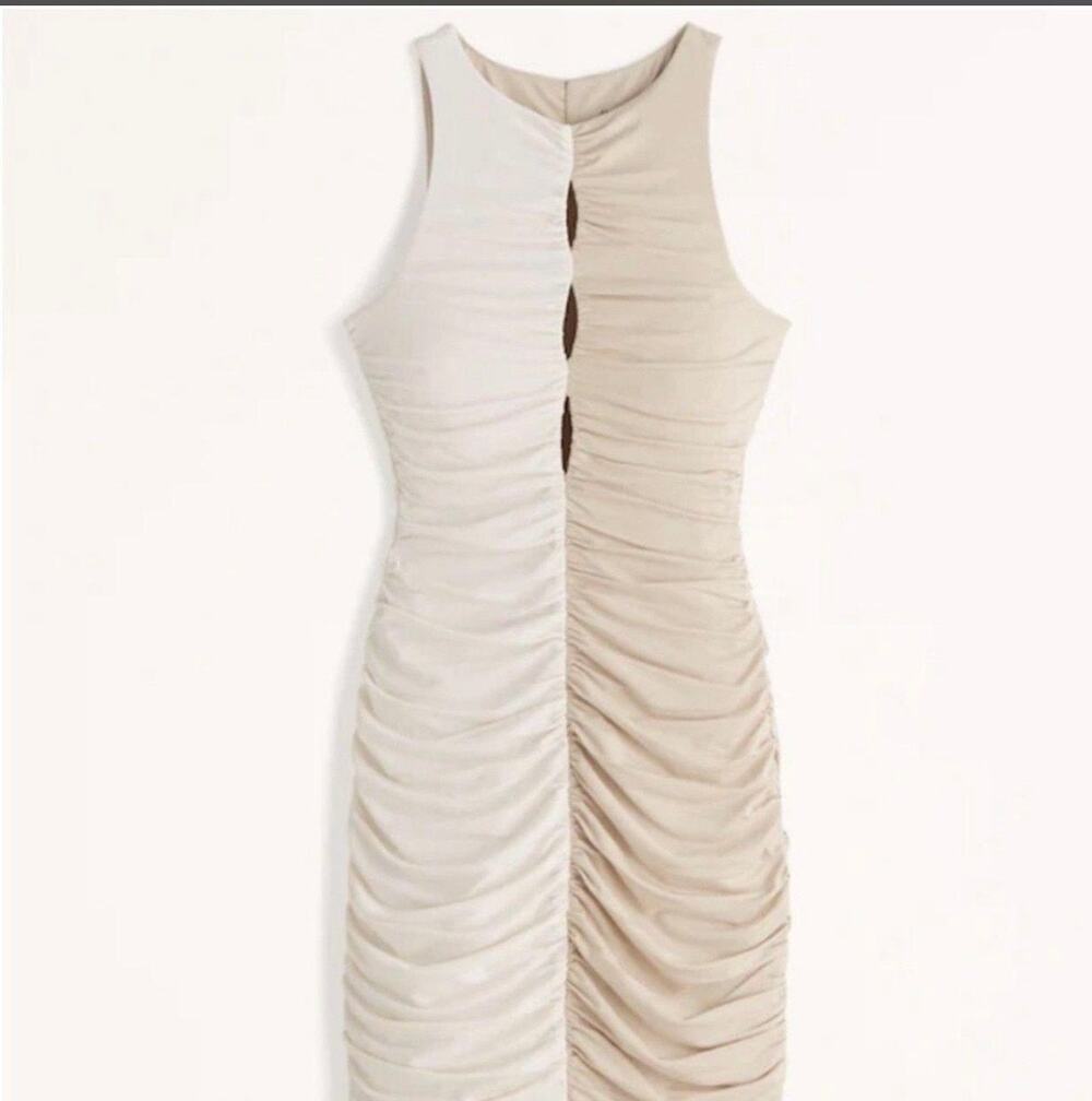 NWT Abercrombie & Fitch Two-Tone Ruched Bodycon Midi Dress Beige & Ivory Small
